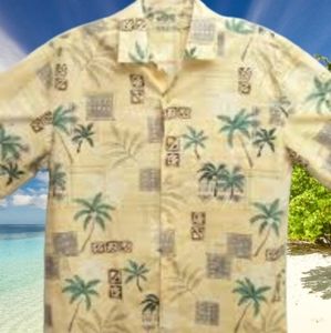 Men's Batik Bay Tropical Palm Print Shirt L Yellow Cotton Casual Comfort Fit